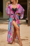 Pink Sexy Casual Print Frenulum Cardigan Swimwears Cover Up