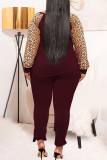 Burgundy Casual Print Leopard Patchwork O Neck Plus Size Two Pieces