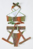 Multicolor Sexy Print Hollowed Out Patchwork Backless Swimwears (With Paddings)