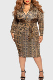 Yellow Casual Print Patchwork Zipper Collar One Step Skirt Plus Size Dresses