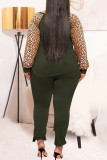 Green Casual Print Leopard Patchwork O Neck Plus Size Two Pieces