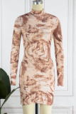 Brown Sexy Print Patchwork Half A Turtleneck Pencil Skirt Dresses
