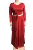 Red Casual Solid Bandage Patchwork O Neck Plus Size Two Pieces