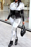 Black Street Print Patchwork Buckle Turndown Collar Long Sleeve Two Pieces