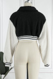 Black Casual Sportswear Solid Patchwork Buckle Patch Turndown Collar Outerwear