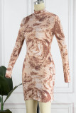 Brown Sexy Print Patchwork Half A Turtleneck Pencil Skirt Dresses