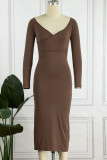 Brown Sexy Solid Patchwork V Neck Pencil Skirt Dresses