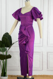 Purple Casual Elegant Solid Patchwork Flounce Fold V Neck Dresses