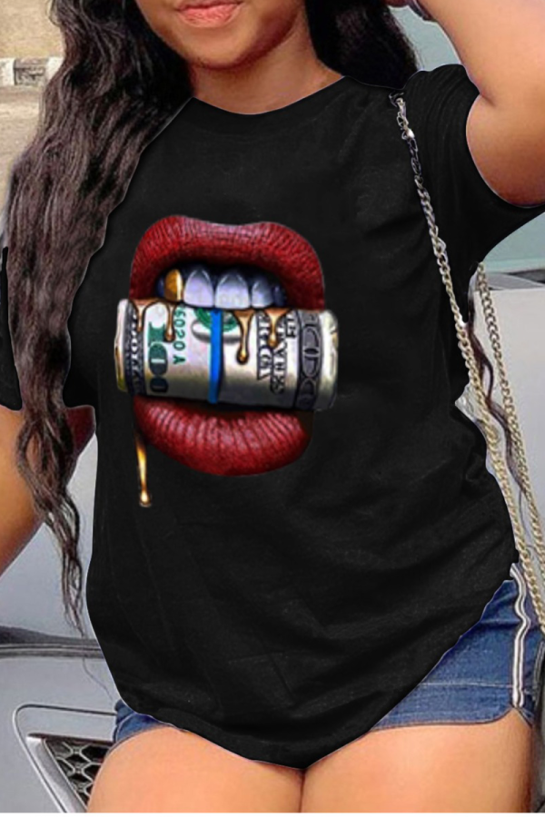 Black Casual Lips Printed Patchwork O Neck T-Shirts