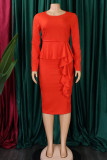 Tangerine Red Casual Elegant Solid Patchwork Flounce O Neck One Step Skirt Dresses