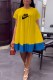 Yellow Casual Print Patchwork Letter O Neck Princess Dresses