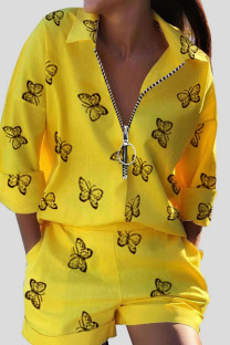 Dark Yellow Casual Print Patchwork Zipper Turndown Collar Long Sleeve Two Pieces