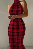Red Sexy Casual Plaid Print Basic Turtleneck Sleeveless Dress Dresses