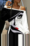 Black Casual Street Print Bandage Patchwork Off the Shoulder Straight Dresses