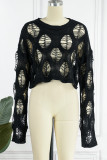 Black Sexy Casual Solid Ripped Hollowed Out See-through O Neck Tops