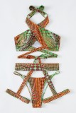 Multicolor Sexy Print Hollowed Out Patchwork Backless Swimwears (With Paddings)