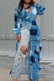 Blue Casual Street Print Patchwork Asymmetrical V Neck Straight Plus Size Dresses