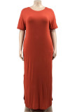 Tangerine Red Casual Solid Patchwork Slit V Neck Straight Plus Size Dresses