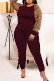Burgundy Casual Print Leopard Patchwork O Neck Plus Size Two Pieces