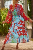 Pink Sexy Casual Print Frenulum Cardigan Swimwears Cover Up
