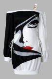 Black Casual Street Print Bandage Patchwork Off the Shoulder Straight Dresses