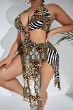 Blue Sexy Print Solid Bandage Patchwork Backless Swimsuit (With Paddings)