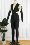 Black Sexy Solid Hollowed Out Patchwork V Neck Skinny Jumpsuits