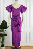 Purple Casual Elegant Solid Patchwork Flounce Fold V Neck Dresses