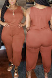 Wine Red Fashion Casual O Neck Sleeveless Spaghetti Strap Solid Plus Size Jumpsuit