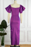 Purple Casual Elegant Solid Patchwork Flounce Fold V Neck Dresses