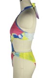 Colour Sexy Print Tie Dye Hollowed Out Patchwork Backless Swimwears (With Paddings)
