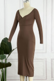 Brown Sexy Solid Patchwork V Neck Pencil Skirt Dresses