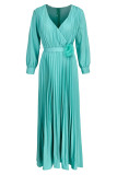 Green Casual Elegant Solid Patchwork Fold With Belt V Neck Straight Dresses