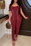 Coffee Sexy Solid Patchwork Strapless Skinny Jumpsuits