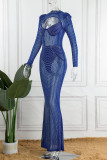 Blue Sexy Patchwork Hot Drilling Hollowed Out See-through Half A Turtleneck Long Sleeve Dresses
