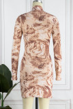 Brown Sexy Print Patchwork Half A Turtleneck Pencil Skirt Dresses