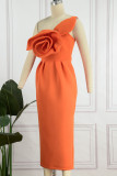 Rose Red Elegant Solid Patchwork Appliques Oblique Collar Dresses