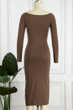 Brown Sexy Solid Patchwork V Neck Pencil Skirt Dresses