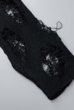 Black Sexy Casual Solid Ripped Hollowed Out See-through O Neck Tops