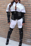 Black Street Print Patchwork Buckle Turndown Collar Long Sleeve Two Pieces