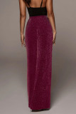 Burgundy Casual Sportswear Solid Sequins Fold Without Belt Regular Mid Waist Straight Bottoms