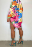 Gradient Color Casual Print Patchwork Buckle Turndown Collar Shirt Dress Dresses