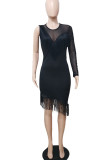 Black Sexy Solid Tassel Patchwork Asymmetrical O Neck Irregular Dress Plus Size Dresses