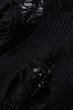 Black Sexy Casual Solid Ripped Hollowed Out See-through O Neck Tops