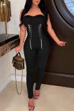 Coffee Sexy Solid Patchwork Strapless Skinny Jumpsuits