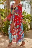 Pink Sexy Casual Print Frenulum Cardigan Swimwears Cover Up