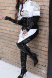 Black Street Print Patchwork Buckle Turndown Collar Long Sleeve Two Pieces