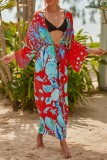 Pink Sexy Casual Print Frenulum Cardigan Swimwears Cover Up