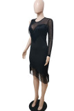 Black Sexy Solid Tassel Patchwork Asymmetrical O Neck Irregular Dress Plus Size Dresses