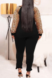 Green Casual Print Leopard Patchwork O Neck Plus Size Two Pieces